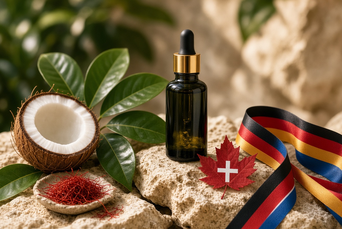 SwissX comfort oil with soursop leaf, coconut, saffron, maple cross and Antigua colours