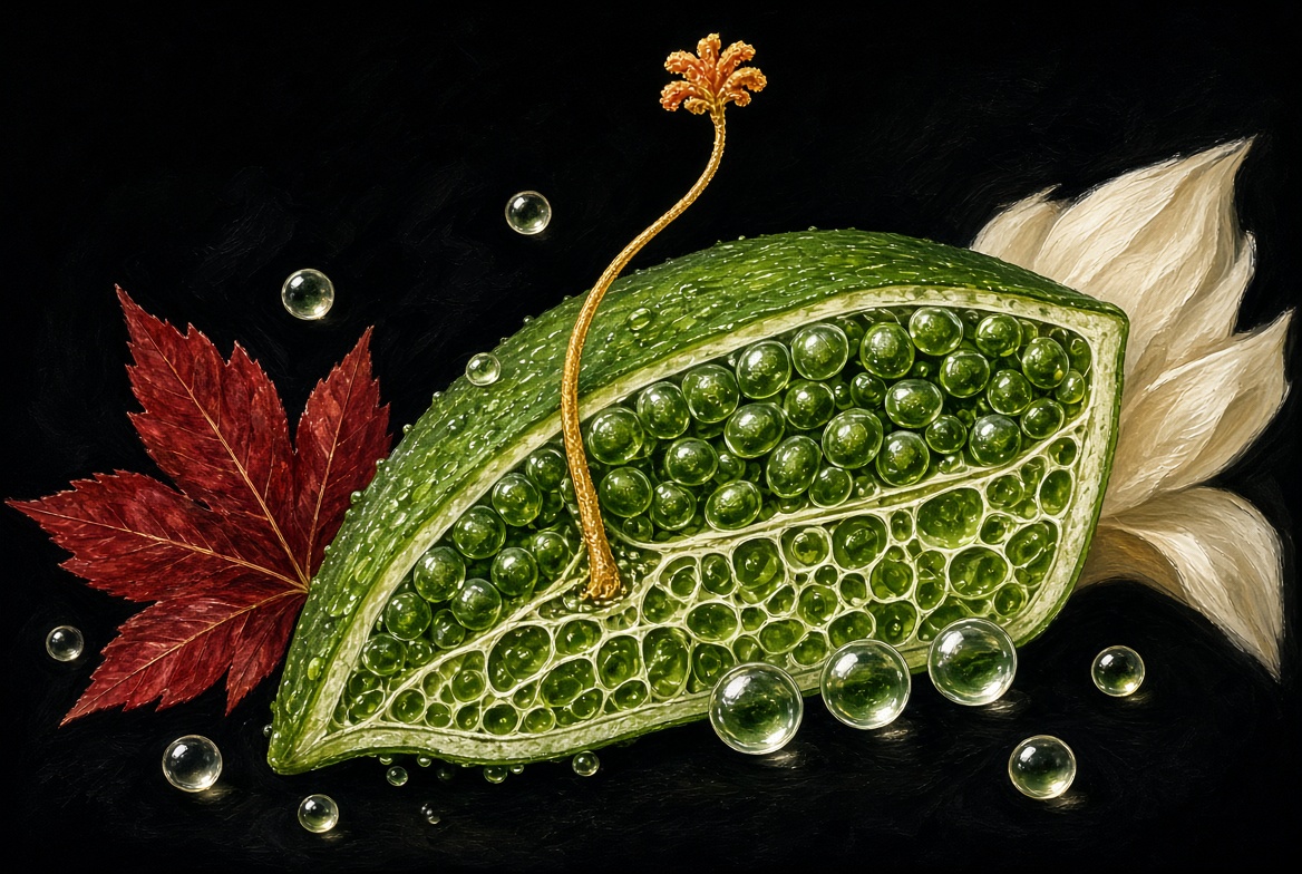 Leaf cell rendered in chlorophyll green, gold saffron and coconut oil, with the red maple leaf
