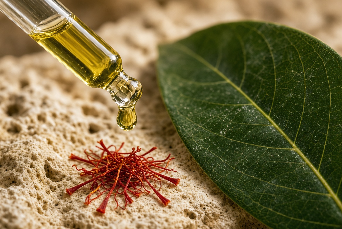 Close-up of the gold oil, saffron threads and a soursop leaf