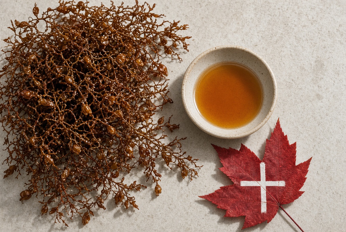 Close-up of sargassum weed, amber extract and the maple cross