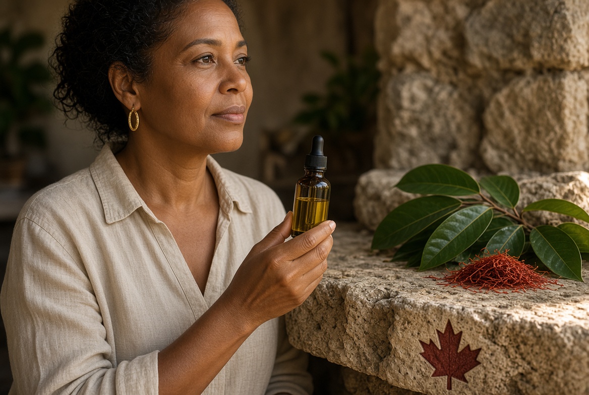 Shirley at the counter with the house oil, leaf and saffron