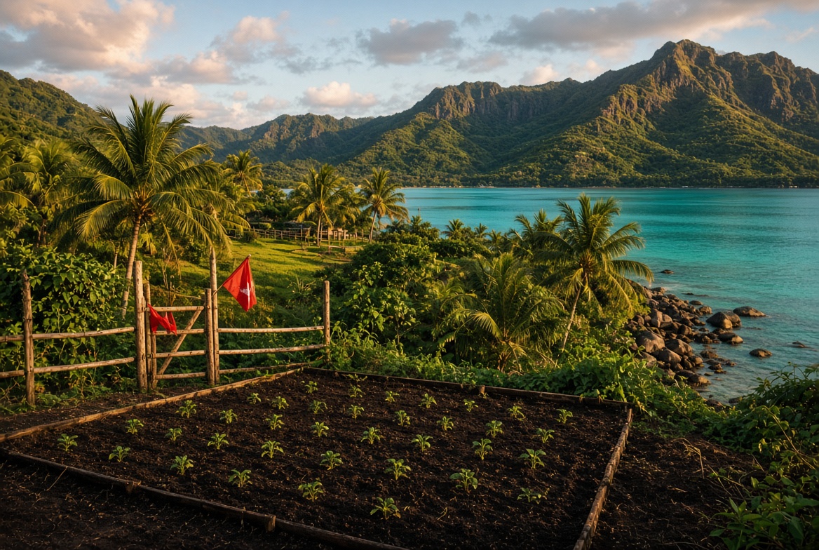 SoilBooster beds above turquoise water, palms, and the red maple at the gate
