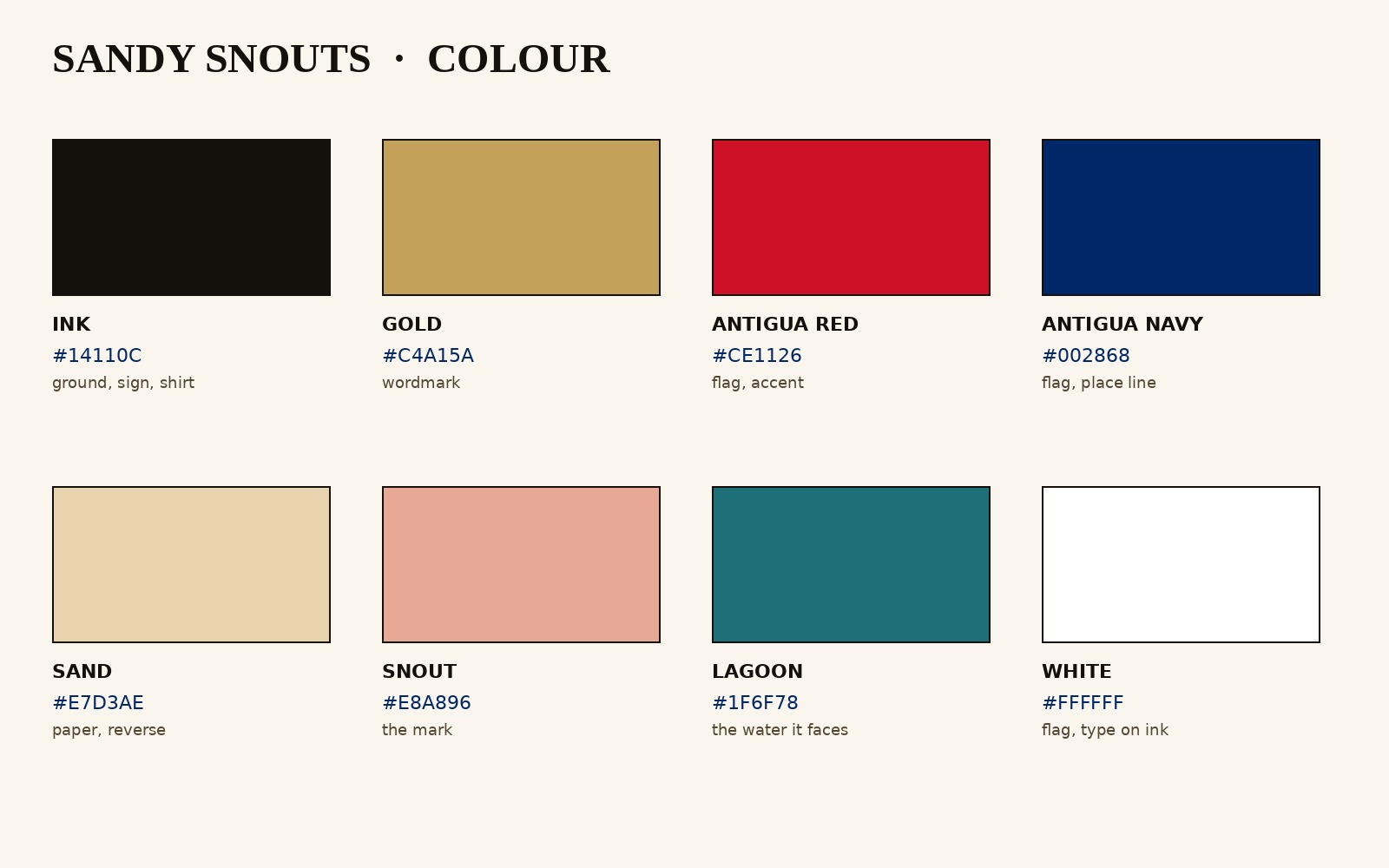 Sandy Snouts colour chips with hex