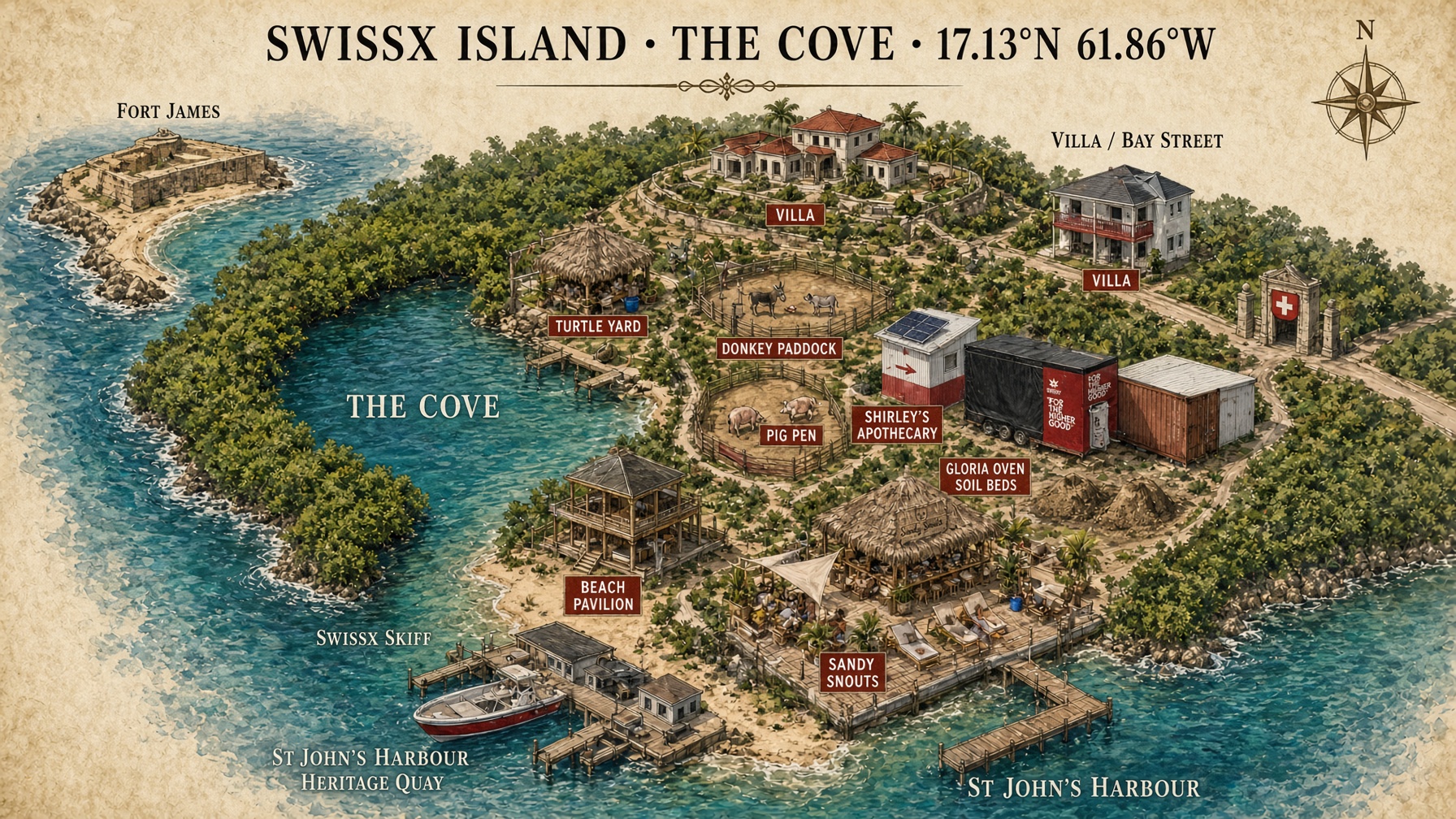 Illustrated SwissX Island map with tap points