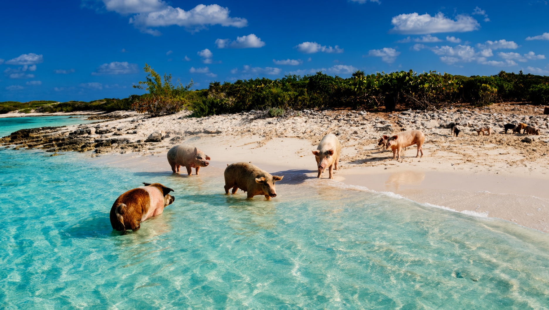Two pigs in shallow water